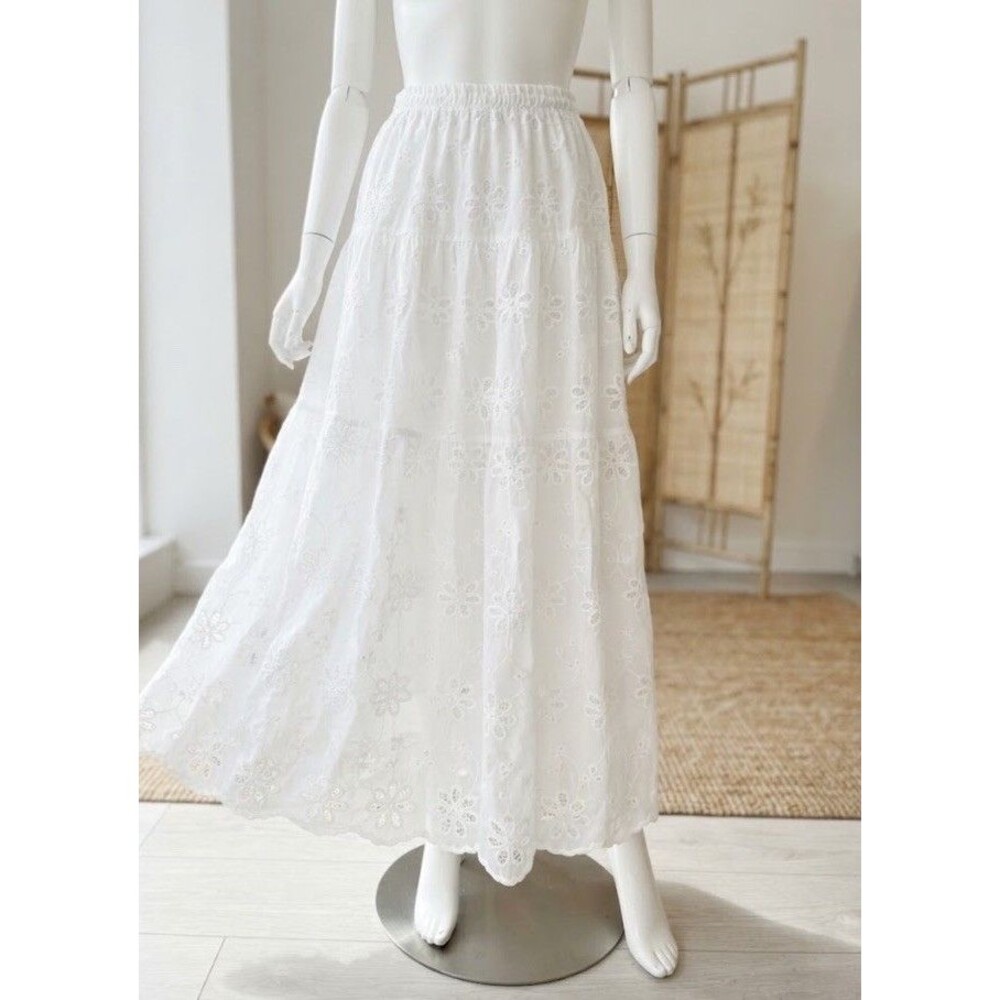 Women S White Eyelet Tiered Maxi Skirt Boho Cottagecore Long Skirt Elastic Waist
